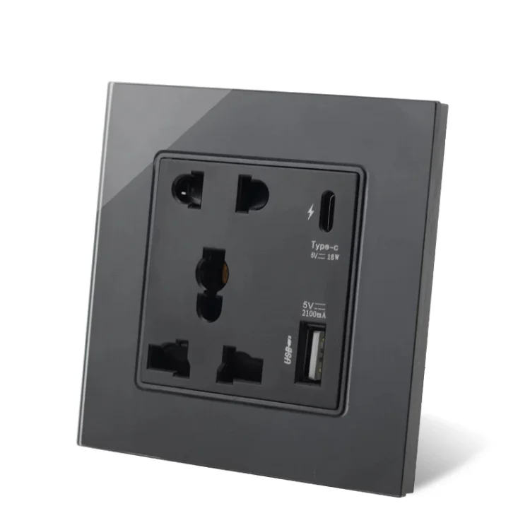 Glass Border Wall Socket 5 Pin With Type-C  and USB Black