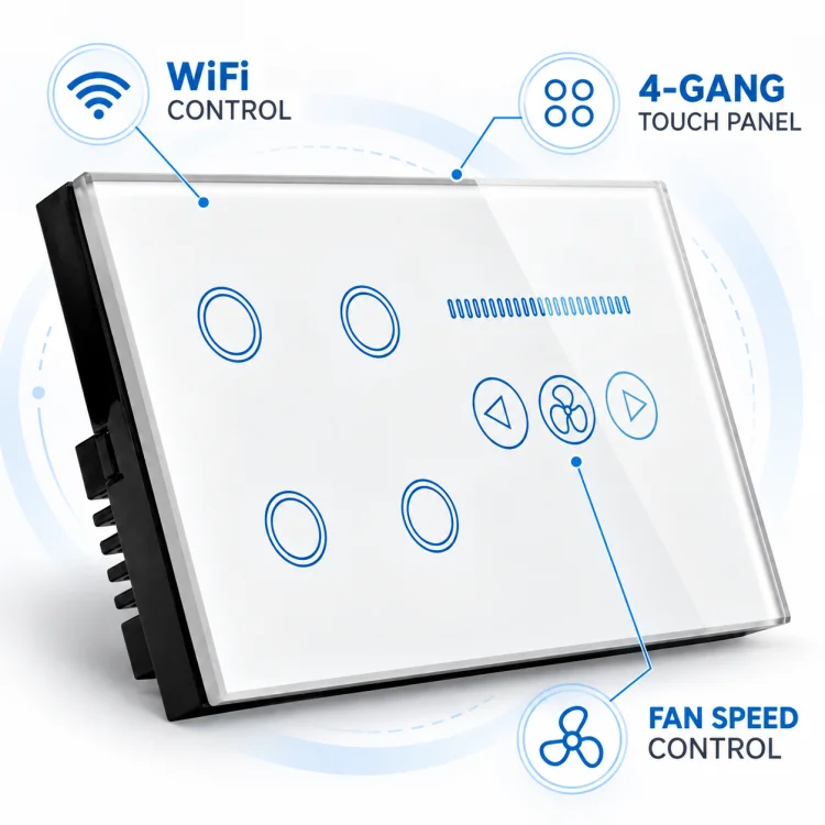 WiFi 4-Gang Smart Touch Screen Glass Panel Wall Switch with Fan Speed Control White